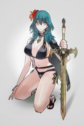  1girl bikini black_bikini black_footwear blue_eyes blue_hair breasts byleth_(female)_(fire_emblem) byleth_(female)_(summer)_(fire_emblem) byleth_(fire_emblem) cleavage fire_emblem fire_emblem:_three_houses fire_emblem_heroes flower grey_background hair_flower hair_ornament highres holding holding_sword holding_weapon kneeling large_breasts long_hair looking_at_viewer nail_polish navel nintendo official_alternate_costume red_flower red_nails sandals smile solo stomach swimsuit sword sword_of_the_creator thighs toenail_polish toenails tsukimura_noe weapon 