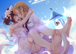 2girls animal animal_ears arms_around_neck bare_shoulders barefoot bell_tower bird blue_sky blush breasts bride brown_hair carrying casino_(casinoep) cat_ears cat_tail cloud commentary_request day dress closed_eyes feet female_focus flower formal grin groom hair_flower hair_ornament highres hug idolmaster idolmaster_cinderella_girls jewelry maekawa_miku medium_breasts multiple_girls nail_polish open_mouth outdoors panties pink_nails ponytail princess_carry ribbon ring see-through_silhouette short_hair sideboob sky smile soles standing strapless strapless_dress suit tada_riina tail tears teeth toes underwear wedding_band wedding_dress white_dress white_panties white_ribbon white_suit wife_and_wife yuri rating:Sensitive score:79 user:danbooru