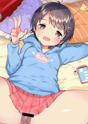  1boy 1girl backpack bag bed black_hair blush breasts cellphone censored clothed_sex eyebrows hetero hood hoodie ichihaya loli looking_at_viewer lying on_back penis phone plump pov randoseru sex short_hair small_breasts solo_focus thighs v vaginal  rating:Explicit score:22 user:percaxio