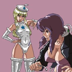 2girls apple_inc. artist_request bare_shoulders beret blonde_hair breasts cable commentary crossover cyborg detached_sleeves flat_chest ghost_in_the_shell hat jacket kusanagi_motoko large_breasts leotard long_hair lowres macintosh multiple_girls oekaki open_clothes open_jacket os-tan osx purple_background purple_hair short_hair sidelocks simple_background small_breasts sweatdrop thighhighs thumbs_down white_legwear rating:Sensitive score:6 user:danbooru