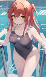  absurdres alternate_breast_size bare_shoulders bocchi_the_rock! breasts collarbone covered_erect_nipples curvy highres kita_ikuyo looking_at_viewer medium_breasts medium_hair minusk9 navel one-piece_swimsuit one_eye_closed pool red_hair side_ponytail swimsuit thighs water yellow_eyes  rating:Sensitive score:37 user:qwertysss