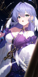  1girl absurdres bare_shoulders black_eyes blue_hair breasts cleavage detached_sleeves dress earrings feather_boa frilled_sleeves frills gnns hair_intakes halo head_wings highres honkai:_star_rail honkai_(series) jewel_under_eye jewelry light_blush long_hair looking_at_viewer medium_breasts musical_note musical_note_print open_mouth robin_(honkai:_star_rail) simple_background solo strapless strapless_dress upper_body white_dress white_wings wings 