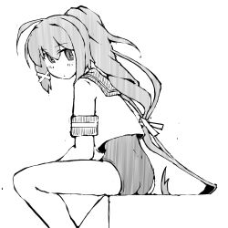  1girl ass commentary_request greyscale i-168_(kancolle) kantai_collection long_hair looking_at_viewer monochrome ponytail sailor_collar sailor_shirt school_uniform serafuku shirt short_sleeves solo swimsuit swimsuit_under_clothes task_(s_task80) 