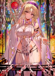  1girl blonde_hair breast_curtains chain character_request copyright_request covered_navel earrings enj! jewelry navel red_eyes robe solo staff stained_glass strap thighhighs white_robe 