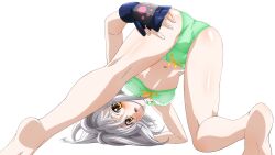  1girl ass barefoot bow bow_bra bow_panties bra brown_eyes fingerless_gloves gloves green_bra green_panties high_school_dxd highres loli looking_at_viewer navel panties simple_background skindentation spread_legs toujou_koneko underwear white_background white_hair yellow_bow  rating:Sensitive score:68 user:ewhfolhfeowh