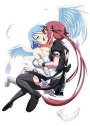 2girls airi_(queen&#039;s_blade) airi_(queen's_blade) airi_(the_infernal_temptress) angel angel_and_devil angel_of_light_nanael arm_grab asymmetrical_wings bare_shoulders black_legwear blue_hair blush bow breasts cleavage closed_eyes dress elbow_gloves feathers female_focus forced french_kiss gloves highres kiss long_hair maid maid_headdress multiple_girls nanael_(queen&#039;s_blade) nanael_(queen's_blade) queen&#039;s_blade red_eyes red_hair saliva seiki_kyushu shirosame short_hair simple_background small_breasts tears thighhighs tongue twintails white_background white_legwear white_wings wince wings yuri rating:Questionable score:131 user:danbooru