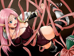  1girl 73gou_koudou bdsm blue_eyes bondage bound breasts elf lilipalace mimic open_mouth pink_hair pointy_ears seria_(lilipalace) tentacles thighhighs  rating:Questionable score:36 user:Onineko1602