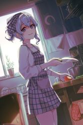  1girl absurdres alternate_costume apron blue_eyes blue_hair blurry blurry_foreground bowl breasts casual commentary cowboy_shot curtains dish_rack dutch_angle empty_eyes english_commentary eyelashes hair_ribbon hair_up highres holding holding_knife hololive hoshimachi_suisei indoors jl_tan kitchen kitchen_knife knife lens_flare long_sleeves looking_at_viewer medium_hair open_mouth oven_mitts plaid plaid_apron plaid_ribbon plant plate potted_plant ribbon shadow shelf sidelocks small_breasts smile solo teapot thighs tomato virtual_youtuber window yandere  rating:General score:19 user:danbooru