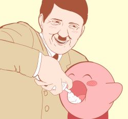  2boys adolf_hitler black_hair blush blush_stickers commentary facial_hair feeding highres kirby kirby_(series) military military_uniform multiple_boys mustache nazi nintendo poppage real_life simple_background smile uniform what whipped_cream yellow_background  rating:Sensitive score:69 user:danbooru