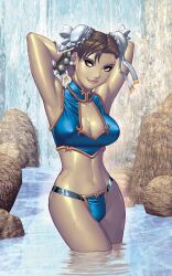 1girl armpits bikini breasts brown_eyes brown_hair capcom chun-li cleavage cleavage_cutout clothing_cutout covered_erect_nipples double_bun hair_bun highres large_breasts legs looking_at_viewer navel pink_lips seductive_smile smile solo street_fighter swimsuit thighs toned water waterfall wet