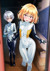  2boys animegao blonde_hair bodysuit classroom collarbone commentary constricted_pupils cosplay covered_navel crossdressing embarrassed green_eyes grey_hair highres kigurumi latex latex_bodysuit m00n multiple_boys original red_eyes robot_costume shiny_clothes skin_tight standing surprised trap variant_set wavy_mouth wide-eyed  rating:Sensitive score:32 user:danbooru