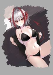  1girl ahoge arknights bikini black_bikini black_shirt blush breasts demon_girl demon_horns demon_tail grey_hair hige_qr highres horns large_breasts looking_at_viewer navel o-ring o-ring_bikini open_clothes open_shirt parted_lips red_eyes shirt short_hair simple_background stomach swimsuit tail thighs w_(arknights)  rating:Sensitive score:9 user:danbooru
