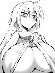  1girl ahoge blush breasts cleavage clothes_lift copyright_request fate_(series) greyscale highres huge_breasts jeanne_d&#039;arc_(fate) jeanne_d&#039;arc_alter_(avenger)_(fate) jeanne_d&#039;arc_alter_(fate) lifting_own_clothes monochrome open_mouth shirt_lift simple_background solo tomato_rice underboob upper_body white_background  rating:Sensitive score:54 user:danbooru