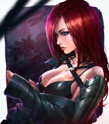 1girl artist_name barefoot breasts cleavage dog_tags gradient_background green_eyes katarina_(league_of_legends) large_breasts league_of_legends lips long_hair neoartcore parted_lips red_hair scar solo upper_body wet rating:Sensitive score:80 user:danbooru