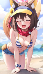  1girl :d ^_^ absurdres animal_ear_fluff animal_ears arm_support armpit_crease bare_arms bare_shoulders beach bikini blue_archive blurry blurry_background blush breasts brown_hair cleavage closed_eyes commentary_request curvy day denim denim_shorts eyeshadow facing_viewer fang feet_out_of_frame flower fox_ears fox_girl fox_tail hair_between_eyes hair_flower hair_ornament halo happy highres izuna_(blue_archive) izuna_(swimsuit)_(blue_archive) leaning_forward makeup medium_breasts medium_hair micro_shorts midriff navel ocean official_alternate_costume open_mouth outdoors red_scarf scarf scrunchie shorts sidelighting skin_fang smile solo sonao standing straight_hair striped_bikini striped_clothes sunflower sunflower_hair_ornament sunlight swimsuit tail tail_raised thighs visor_cap wrist_scrunchie 