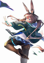  1girl absurdres amiya_(arknights) animal_ears arknights ass black_coat black_pantyhose blue_eyes blue_skirt brown_hair coat commentary covered_mouth cowboy_shot english_commentary feet floating_hair from_behind hair_between_eyes highres hood hooded_coat jewelry long_hair long_sleeves looking_at_viewer looking_back miniskirt motion_blur multiple_rings no_shoes outstretched_arm panties panties_over_pantyhose pantyhose plaid plaid_skirt pleated_skirt ponytail rabbit_ears ribbed_sweater ring simple_background skirt soles solo standing standing_on_one_leg sweater thighlet underwear white_background white_sweater zuihou_de_miao_pa_si  rating:Sensitive score:18 user:danbooru