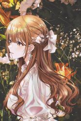 1girl breasts brown_eyes brown_hair earrings floral_background flower flower_hair_ornament frills hair_ribbon highres idolmaster idolmaster_shiny_colors jewelry kuwayama_chiyuki large_breasts long_hair parted_lips puffy_sleeves ribbon unko_(50d0d0) rating:General score:4 user:a-human