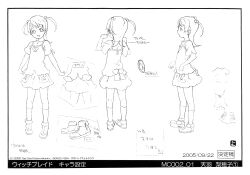  1girl 2005 absurdres amaha_rihoko character_sheet dated dress female_focus gonzo_(company) highres looking_at_viewer medium_hair monochrome official_art scan short_twintails smile solo translation_request twintails witchblade 
