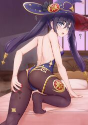  1girl :o ? absurdres ass back backless_leotard bare_shoulders bed blush breasts from_behind genshin_impact gold_trim green_eyes hat highres knee_up leotard long_hair looking_back medium_breasts mona_(genshin_impact) nail_polish no_shoes open_mouth pantyhose purple_hair purple_leotard red_nails solo thighlet tiptoes twintails vahn_yourdoom witch_hat 