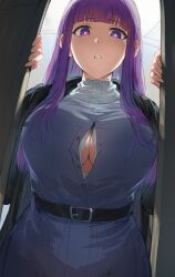  1girl breasts cleavage doorway dress fern_(sousou_no_frieren) hews highres large_breasts purple_hair solo sousou_no_frieren standing  rating:Sensitive score:60 user:TDogarooski