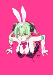  1girl absurdres animal_ears antlers artist_name bare_shoulders blush bow bowtie breasts ceres_fauna cleavage crack detached_collar fake_animal_ears green_hair heart highres hololive hololive_english horns large_breasts leopxl leotard looking_up motion_lines open_mouth parody pink_background pink_bow pink_bowtie pixel_art rabbit_ears rabbit_hole_(vocaloid) shiny_skin spasm sweatdrop twintails virtual_youtuber wrist_cuffs yellow_eyes 