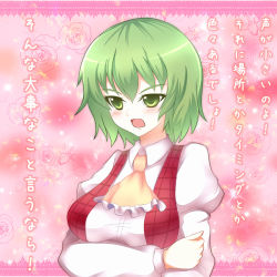 ... 1girl ascot blush breast_hold breasts confession female_focus greave_(asterism) green_eyes green_hair kazami_yuuka matching_hair/eyes mystic_square plaid plaid_vest pov puffy_sleeves solo text_focus touhou touhou_(pc-98) translation_request tsundere vest rating:Sensitive score:5 user:danbooru
