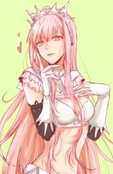  1girl bad_id blunt_bangs breasts cleavage elbow_gloves fate/grand_order fate_(series) gloves heart index_finger_raised long_hair looking_at_viewer medb_(fate) midriff navel orii_(orii_i) pink_hair sidelocks smile solo tiara upper_body very_long_hair white_gloves yellow_eyes  rating:Sensitive score:23 user:danbooru