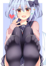  1boy absurdres blue_background blue_bow blue_hair blush border bow cardigan collared_shirt crossdressing fang feet foot_focus foreshortening green_bow hair_bow hand_up heart highres inuyama_tamaki knees_up long_sleeves looking_at_viewer male_focus medium_hair miniskirt monkey_kusai no_shoes noripro open_mouth orange_eyes pink_cardigan pleated_skirt purple_thighhighs school_uniform shirt sidelocks sitting skirt sleeves_past_wrists soles tail thighhighs toes trap virtual_youtuber white_border  rating:Sensitive score:15 user:danbooru