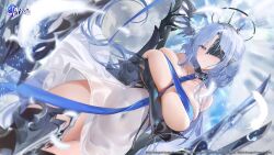  1girl absurdres alsace_(azur_lane) armor armored_boots azur_lane bare_shoulders between_breasts blue_eyes blue_hair boots breasts closed_mouth collarbone commentary covered_navel dress english_commentary feathers gauntlets gloves hair_ornament highres large_breasts logo long_hair looking_at_viewer mask official_art second-party_source shiny_skin short_dress sleeveless solo thighs white_dress yyy_(zelda10010) 