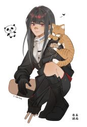  1girl animal animal_on_shoulder armored_boots asymmetrical_gloves bandaid bandaid_on_face bandaid_on_nose biscuit_(bread) black_footwear black_gloves black_hair black_jacket black_shorts boots cat cat_on_shoulder center-flap_bangs chaoji_shuihouzi chinese_commentary commentary_request doodle_inset fingerless_gloves full_body gloves heart highres jacket k.k._(path_to_nowhere) long_hair looking_at_animal looking_to_the_side mismatched_gloves orange_cat panda path_to_nowhere red_eyes shirt shoes shorts simple_background solo squatting tabby_cat tiptoes turtleneck turtleneck_shirt white_background white_shirt zipper zipper_pull_tab 