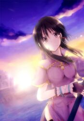  1girl belt black_hair china_dress chinese_clothes cloud dawn dress fire_emblem fire_emblem:_genealogy_of_the_holy_war gloves gradient_sky hisame_(yumemaboroshi) holding holding_sword holding_weapon larcei_(fire_emblem) light_frown looking_at_viewer morning nintendo outdoors purple_tunic sheath sheathed sidelocks sky solo sun sunrise sword tunic weapon 