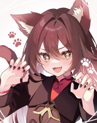  1girl animal_ear_fluff animal_ears armlet black_nails brown_eyes brown_hair cat_ears cat_girl cat_tail chinese_clothes fang flower-shaped_pupils genshin_impact highres hu_tao_(genshin_impact) jewelry long_hair looking_at_viewer multiple_rings pomepome1207 red_shirt ring shirt symbol-shaped_pupils tail white_background white_hair 