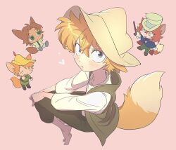  4boys animal_ears belt blue_cape br&#039;er_fox_(disney) brown_belt brown_hair brown_vest cane cape chibi commentary fox_boy fox_ears fox_tail green_eyes green_hat green_pants green_shirt green_tunic grey_eyes hair_between_eyes hat heart holding holding_cane honest_john_(disney) humanization invisible_chair looking_at_viewer multiple_boys necktie nick_wilde orange_hair pants pink_background pinocchio_(disney) purple_necktie red_hair robin_hood_(disney) robin_hood_(disney)_(character) shirt sitting smile song_of_the_south species_connection tail top_hat uochandayo vest white_shirt yellow_eyes yellow_hat zootopia 
