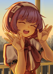  1girl :d android artist_name balcony blush bow bowtie cityscape closed_eyes collared_shirt commentary dorothy_haze evening facing_viewer hairband hakai_no_ika hands_up happy highres joints open_hands open_mouth outdoors puffy_short_sleeves puffy_sleeves red_bow red_bowtie red_hair red_hairband robot_joints shirt short_hair short_sleeves sky smile solo striped_clothes striped_hairband teeth upper_body upper_teeth_only va-11_hall-a white_hairband white_shirt 