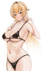  1girl adjusting_clothes adjusting_swimsuit armpits bikini black_bikini blush breasts closed_mouth drill_hair elf elinalise_dragonroad groin hand_on_own_chest ichi854 large_breasts long_hair looking_at_viewer mushoku_tensei navel pointy_ears red_eyes shiny_skin simple_background smile solo stomach swimsuit very_long_hair white_background 