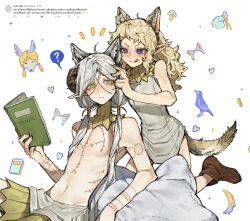  1boy 1girl :q animal_ear_fluff animal_ear_headwear animal_ears arm_tattoo bags_under_eyes blonde_hair book chest_tattoo dungeon_meshi elf fake_animal_ears fake_tail fleki gloves gorget green_eyes grey_hair hair_around_ear hair_tubes highres holding holding_book licking_lips long_hair low_twintails lycion notched_ear nova_1810 pillow pointy_ears purple_eyes single_glove sleeveless tail tattoo tongue tongue_out topless_male tunic twintails white_background wolf_ears wolf_tail 