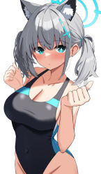  1girl alternate_hairstyle amenocchi animal_ear_fluff animal_ears black_one-piece_swimsuit blue_archive blue_halo blush breasts cleavage clenched_hands closed_mouth collarbone commentary_request cross cross_hair_ornament earrings extra_ears grey_hair hair_ornament halo hands_up highleg highleg_swimsuit highres inverted_cross jewelry large_breasts multicolored_clothes multicolored_swimsuit official_alternate_costume one-piece_swimsuit shiroko_(blue_archive) shiroko_(swimsuit)_(blue_archive) simple_background solo stud_earrings swimsuit twintails white_background wolf_ears wolf_girl 