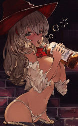  1girl alcohol alternate_costume alternate_hairstyle blue_eyes blush bottle breasts brick_wall bubble bullet_hole clothes_pull cowboy_shot dated dress_shirt drinking drunk groin half-closed_eyes hat hiccup highres holding holding_bottle kantai_collection kashima_(kancolle) large_breasts long_hair looking_at_viewer micro_panties navel no_bra off_shoulder panties pants pants_pull parody red_scarf sakura_rock scarf shirt sidelocks signature silver_hair solo stomach style_parody underwear wavy_hair white_panties white_shirt witch_hat  rating:Questionable score:33 user:danbooru