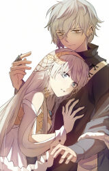  1boy 1girl anastasia_(fate) bare_shoulders black_shirt blue_eyes choker closed_mouth detached_sleeves dress ear_piercing earrings fate/grand_order fate_(series) fur-trimmed_jacket fur_trim gold_choker gold_hairband gold_trim grey_hair grey_jacket hair_between_eyes hairband hand_up hands_on_another&#039;s_chest hands_up jacket jewelry kadoc_zemlupus leaning_on_person long_hair long_sleeves looking_down off_shoulder parted_lips pendant piercing ring shirt short_hair simple_background sleeveless sleeveless_dress strapless strapless_dress tsengyun upper_body white_background white_dress white_hair yellow_eyes 