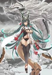  1girl beruu black_thighhighs breast_cutout breasts china_dress chinese_clothes cleavage_cutout clothing_cutout colored_inner_hair dragon dragon_horns dress eastern_dragon granblue_fantasy hair_ornament highres horn_ornament horns large_breasts long_hair multicolored_hair outstretched_arm payila_(granblue_fantasy) pointy_ears reaching reaching_towards_viewer solo stomach_cutout tassel tassel_hair_ornament thighhighs two-tone_eyes very_long_hair 
