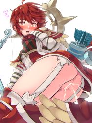  1girl anus arrow_(projectile) ass bar_censor blush boots boris_(noborhys) bow_(weapon) breasts censored cum cum_in_pussy cumdrip fire_emblem fire_emblem_fates fire_emblem_heroes from_below gloves heart heart-shaped_pupils highres hinoka_(fire_emblem) holding holding_bow_(weapon) holding_weapon looking_at_viewer nintendo no_panties open_mouth pussy red_hair short_hair simple_background small_breasts solo sweat symbol-shaped_pupils teeth thighhighs thighs tongue tongue_out weapon white_background yellow_eyes  rating:Explicit score:84 user:Brandon911