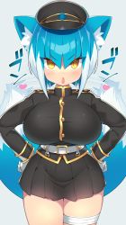  1girl animal_ears asagi_(bombergirl) black_hat black_skirt blue_hair bombergirl breasts brown_eyes commentary_request fox_ears fox_girl fox_tail hands_on_own_hips hat heart highres large_breasts long_sleeves looking_at_viewer msp_sammy multicolored_hair open_mouth pleated_skirt short_hair skirt solo tail tail_wagging two-tone_hair white_hair  rating:Sensitive score:47 user:danbooru