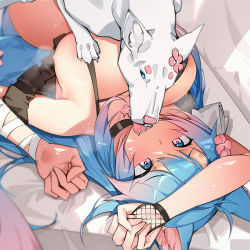  1girl animal animal_ears arm_on_own_head bandages bestiality breasts collar commentary fishnets flower french_kiss hair_flower hair_ornament kiss kissing_animal large_breasts long_hair md5_mismatch multicolored_hair resolution_mismatch silvervale silvervale_(5th_costume) source_larger virtual_youtuber vshojo wolf_ears wolf_girl yeong_r6  rating:Explicit score:176 user:danbooru