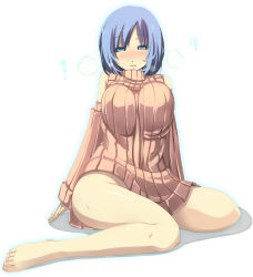  1girl bare_shoulders barefoot blue_eyes blue_hair breasts detached_sleeves dress feet full_body highres impossible_clothes large_breasts looking_at_viewer matching_hair/eyes original ribbed_sweater shiki_(psychedelic_g2) short_hair simple_background sitting solo sweat sweater sweater_dress white_background  rating:Sensitive score:105 user:danbooru