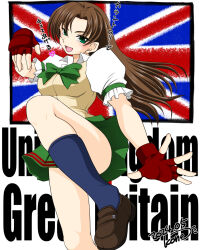 1girl breasts brown_hair dated english_text fighting_stance fingerless_gloves gloves green_eyes heart japanese_text kisarah_westfield large_breasts leg_lift leg_up long_hair looking_at_viewer open_mouth school_uniform skirt smile snk translation_request tsuukai_gangan_koushinkyoku union_jack