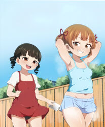  2girls armpits arms_behind_head arms_up bare_arms bare_shoulders black_hair black_panties blue_shirt blue_skirt blue_sky blush breasts brown_hair cellphone clueless collarbone cowboy_shot day dot_nose dress drill_hair female_focus grin holding holding_phone light_brown_hair loli looking_at_another marui_mitsuba matching_hair/eyes medium_hair midriff mitsudomoe multiple_girls navel open_mouth outdoors panties pantyshot phone red_dress red_eyes shirt short_hair short_sleeves short_twintails silberspoon skirt sky sleeveless sleeveless_dress sleeveless_shirt small_breasts smile standing steam sugisaki_miku teeth twin_drills twintails underwear upper_teeth_only white_shirt yuri 