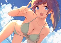  1girl :d absurdres arm_up bikini blue_eyes blue_sky blush breasts brown_hair caidychen cameltoe cleavage cloud cloudy_sky covered_erect_nipples day diversity_promotions dutch_angle fujiwara_yuzuru green_bikini hair_ornament hairclip halterneck hanging_breasts highres large_breasts leaning_forward long_hair looking_at_viewer musical_note musical_note_hair_ornament navel ocean open_mouth outdoors ponytail quaver side_ponytail sky smile solo stomach sunlight swimsuit v water water_drop wet yuzuru_(diversity) yuzuru_fujiwara 
