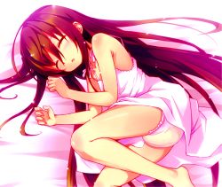 1girl barefoot bed_sheet bedwetting blush diaper dress legs loli long_hair open_mouth peeing peeing_self sleeping solo third-party_edit wet_diaper  rating:Questionable score:42 user:WaterCube