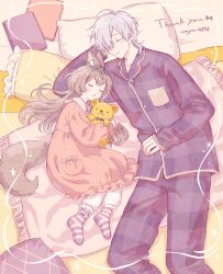  1boy 1girl absurdres animal_ear_fluff animal_ears bed bloomers book bow brown_hair buttons closed_eyes closed_mouth collared_shirt commission dress father_and_daughter feet_out_of_frame frills full_body grey_hair hair_over_one_eye height_difference highres hugging_object long_hair long_sleeves lying on_bed on_side original pajamas pants pillow pink_pajamas plaid pocket purple_pants shirt short_hair skeb_commission sleeping smile socks squirrel_(jjjjmmn_err) striped_clothes striped_socks stuffed_animal stuffed_toy tail teddy_bear thank_you underwear waya4696 