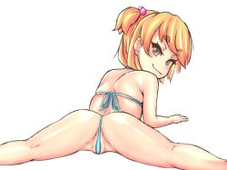  1girl a.l.l. ass bare_arms bare_legs bare_shoulders bikini blonde_hair blush closed_mouth earrings female_focus hair_bobbles hair_ornament jewelry kneepits loli looking_at_viewer looking_back lying micro_bikini naughty_face original partially_visible_anus partially_visible_vulva solo spread_legs swimsuit yellow_eyes 
